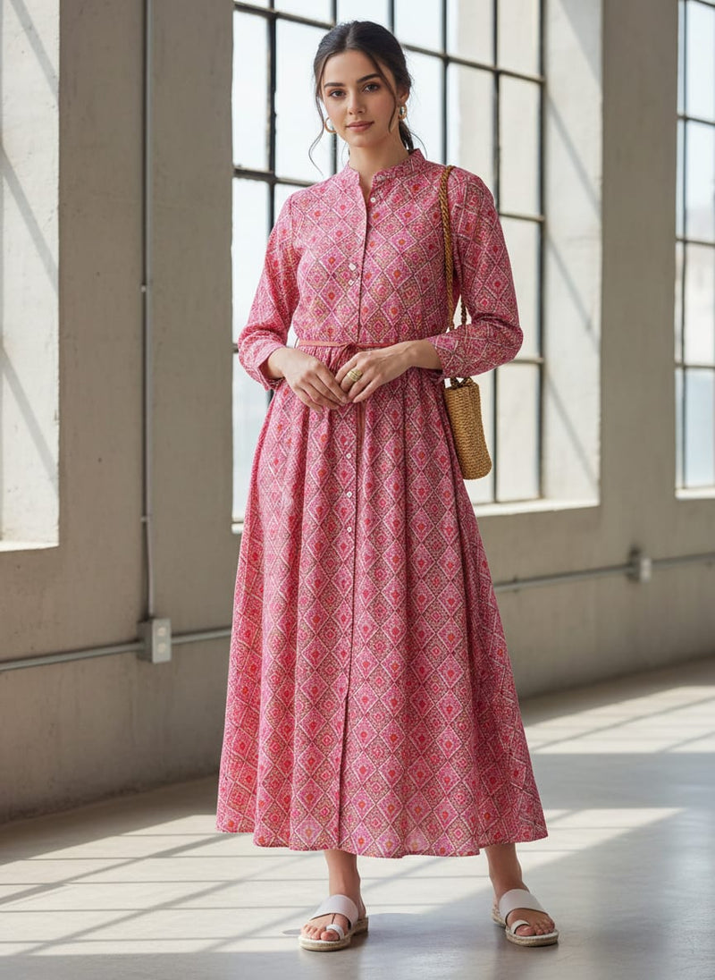 Pink Ethnic Ikat Diamond Pattern Pure Cotton Digital Printed Fabric