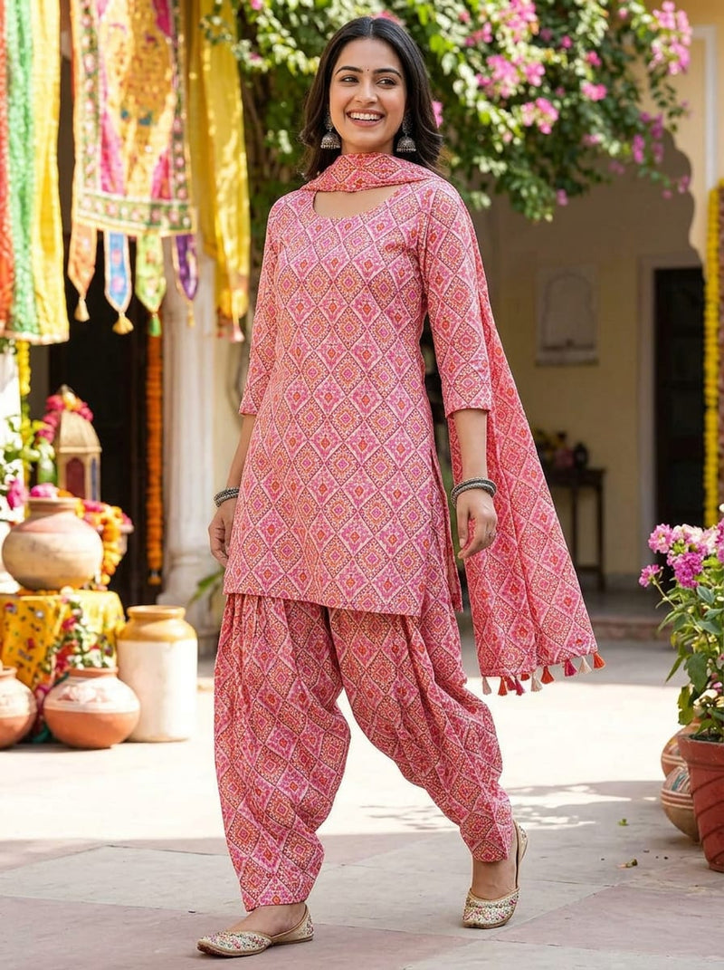 Pink Ethnic Ikat Diamond Pattern Pure Cotton Digital Printed Fabric