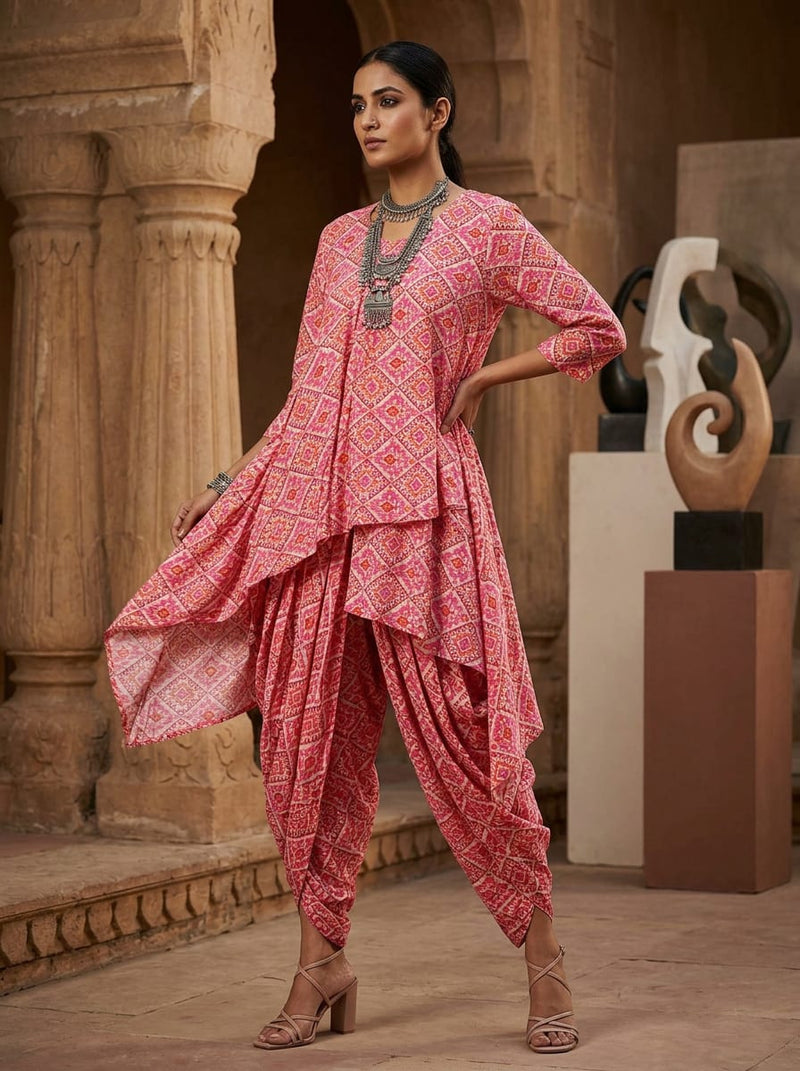 Pink Ethnic Ikat Diamond Pattern Pure Cotton Digital Printed Fabric