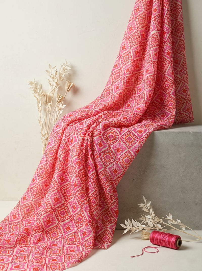 Pink Ethnic Ikat Diamond Pure Muslin Digital Printed Fabric