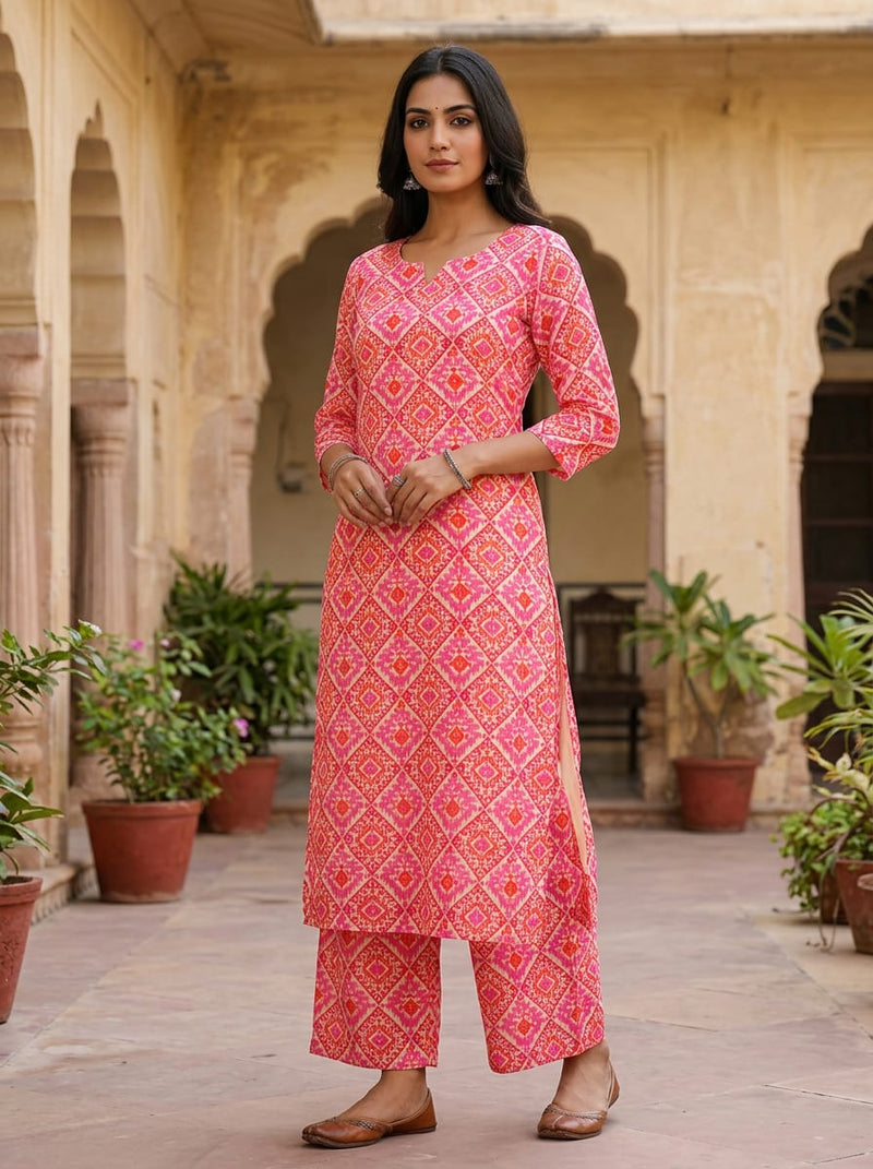 Pink Ethnic Ikat Diamond Pure Muslin Digital Printed Fabric