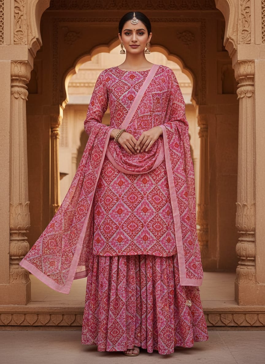Pink Ethnic Ikat Diamond Pattern Pure Georgette Digital Printed Fabric