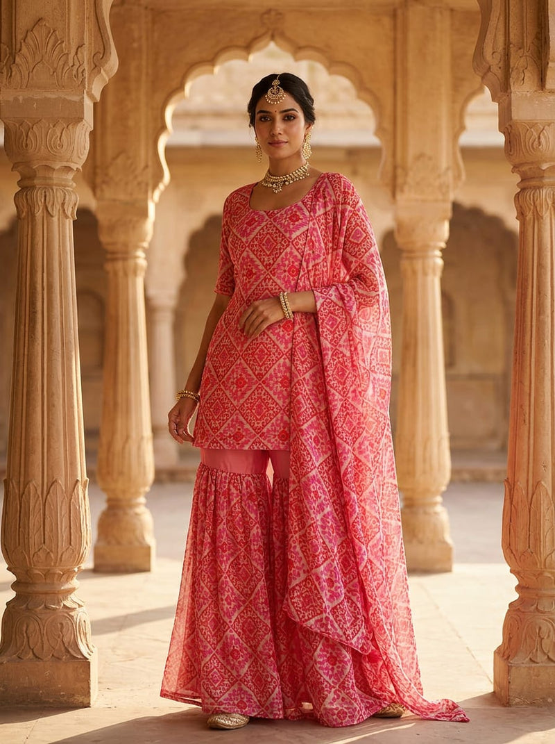Pink Ethnic Ikat Diamond Pattern Pure Georgette Digital Printed Fabric