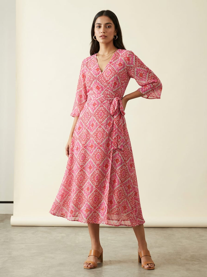 Pink Ethnic Ikat Diamond Pattern Pure Georgette Digital Printed Fabric