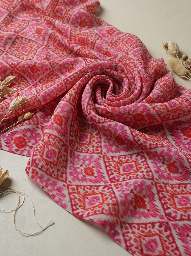 Pink Ethnic Ikat Diamond Pattern Pure Georgette Digital Printed Fabric