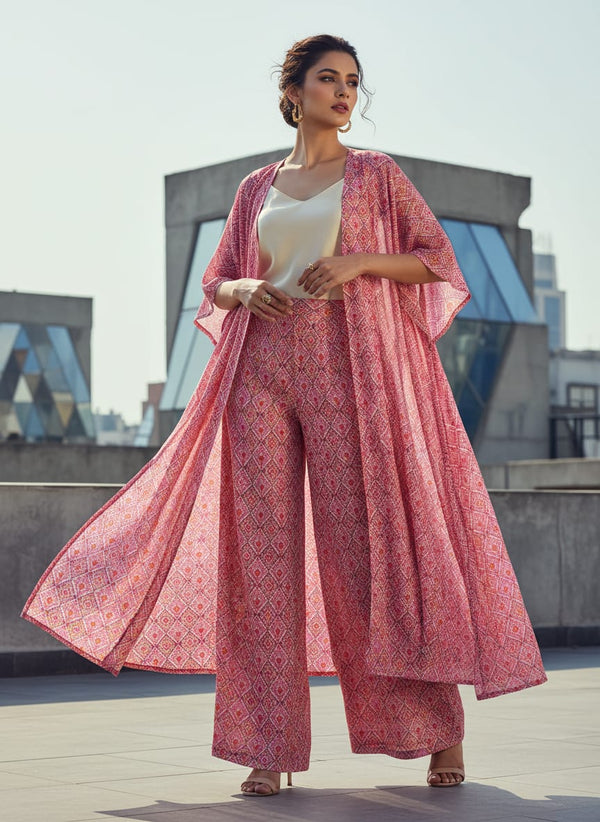 Pink Ikat Style Geometric Pattern Pure Chinon Digital Printed Fabric - Cape with Palazzo Lookbook - PC-0-MA0708-106 - alternate view