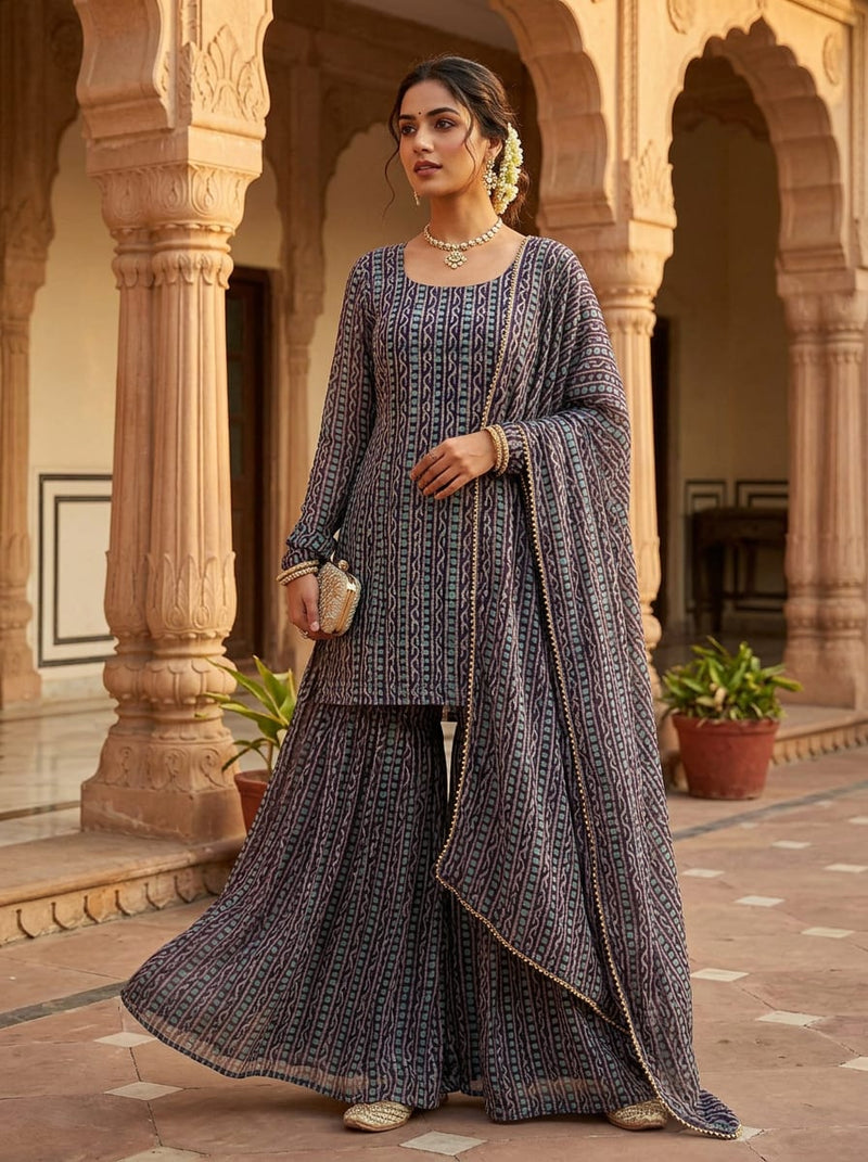 Navy Ethnic Dotted Stripe Weightless Digital Printed Fabric