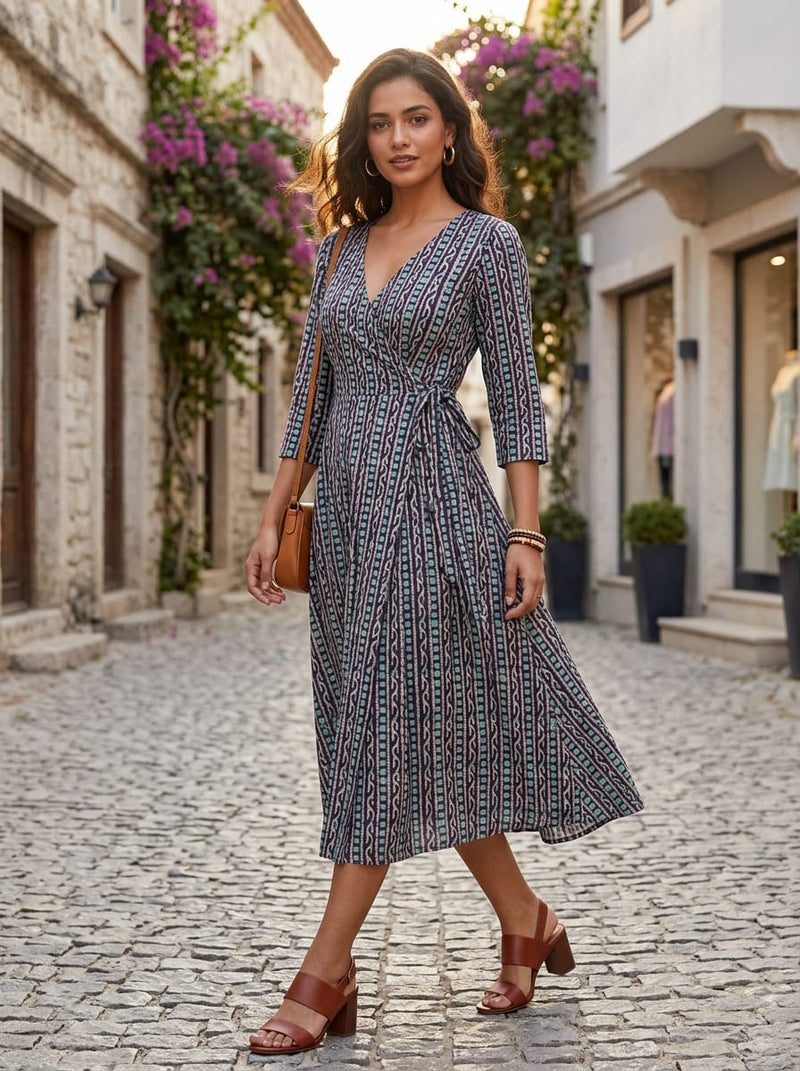 Navy Ethnic Dotted Stripe Weightless Digital Printed Fabric