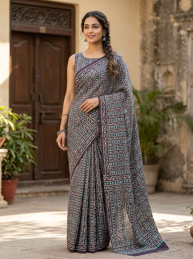 Navy Ethnic Dotted Stripe Weightless Digital Printed Fabric