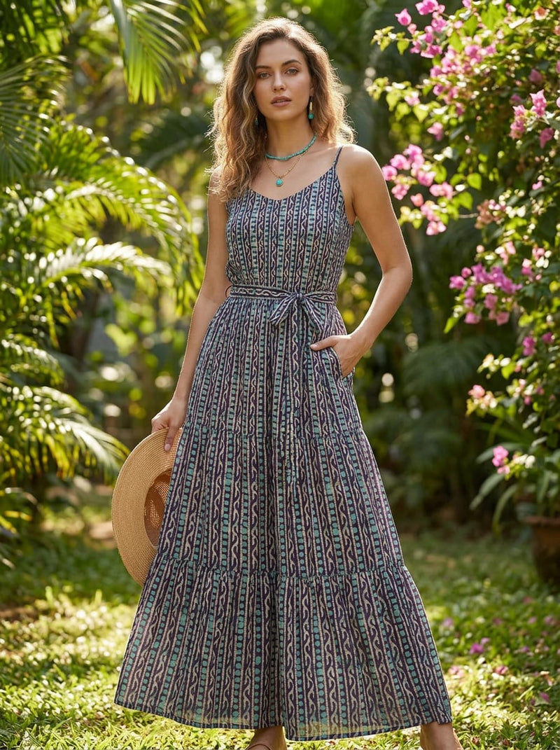 Navy Ethnic Dotted Stripe Weightless Digital Printed Fabric