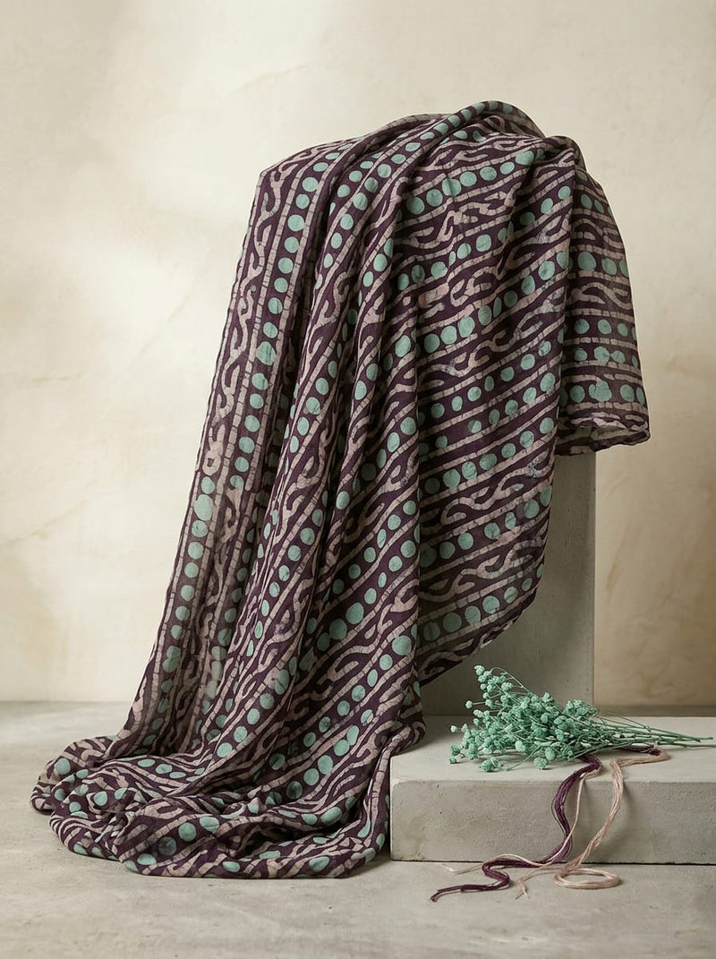 Maroon Ethnic Batik Style Stripe and Dot Pure Georgette Digital Printed Fabric