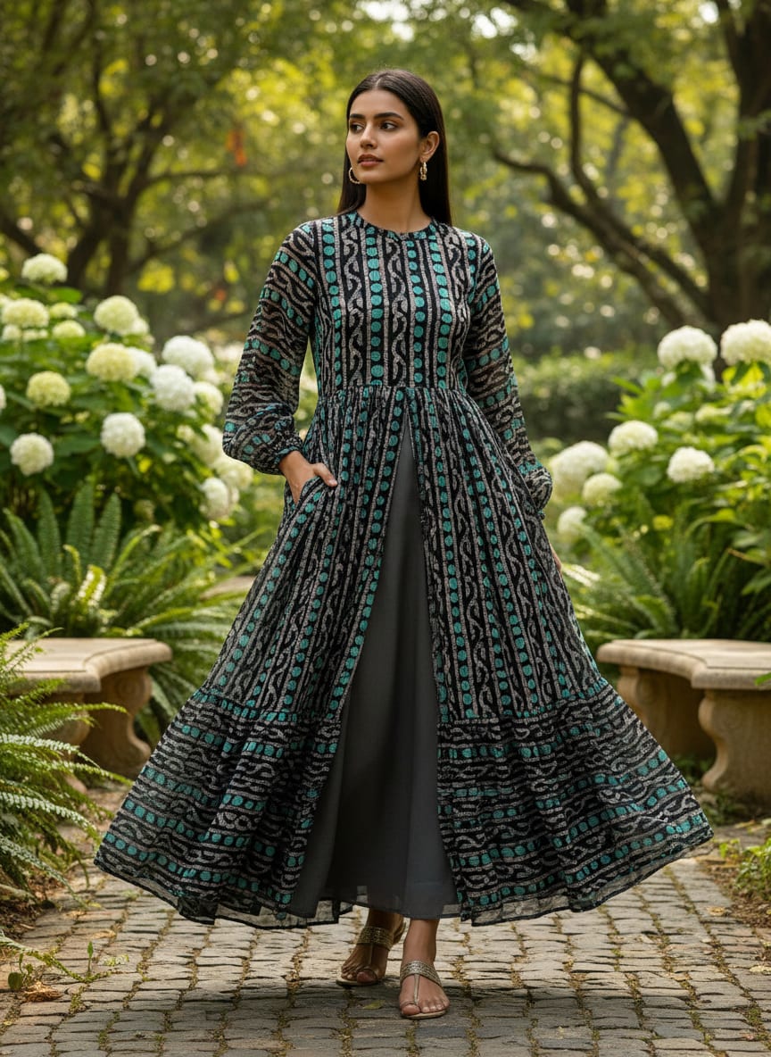Black Ethnic Dot and Wave Pattern Pure Chinon Digital Printed Fabric