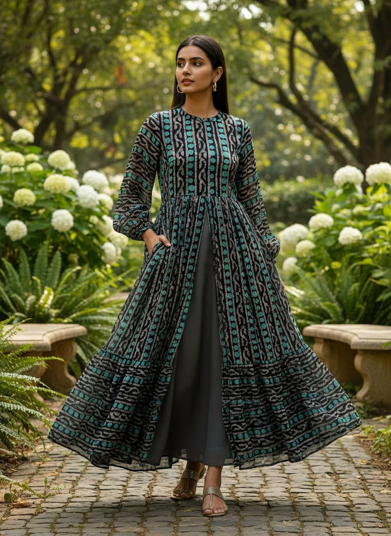 Black Ethnic Dot and Wave Pattern Pure Chinon Digital Printed Fabric