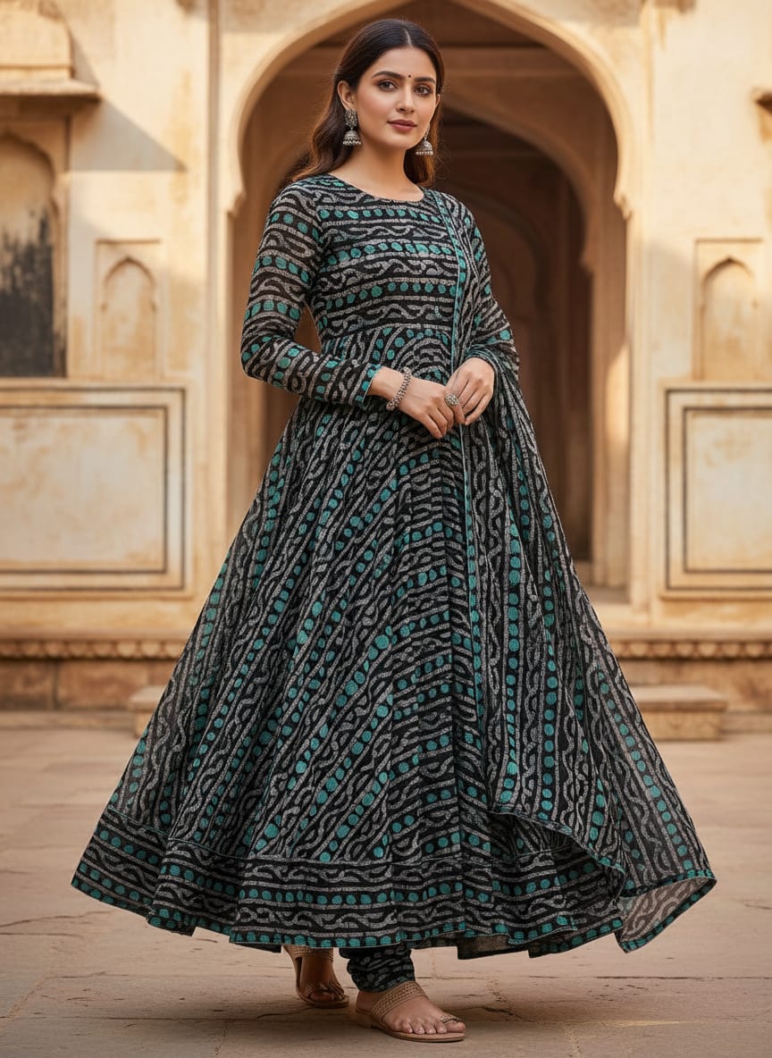 Black Ethnic Dot and Wave Pattern Pure Chinon Digital Printed Fabric