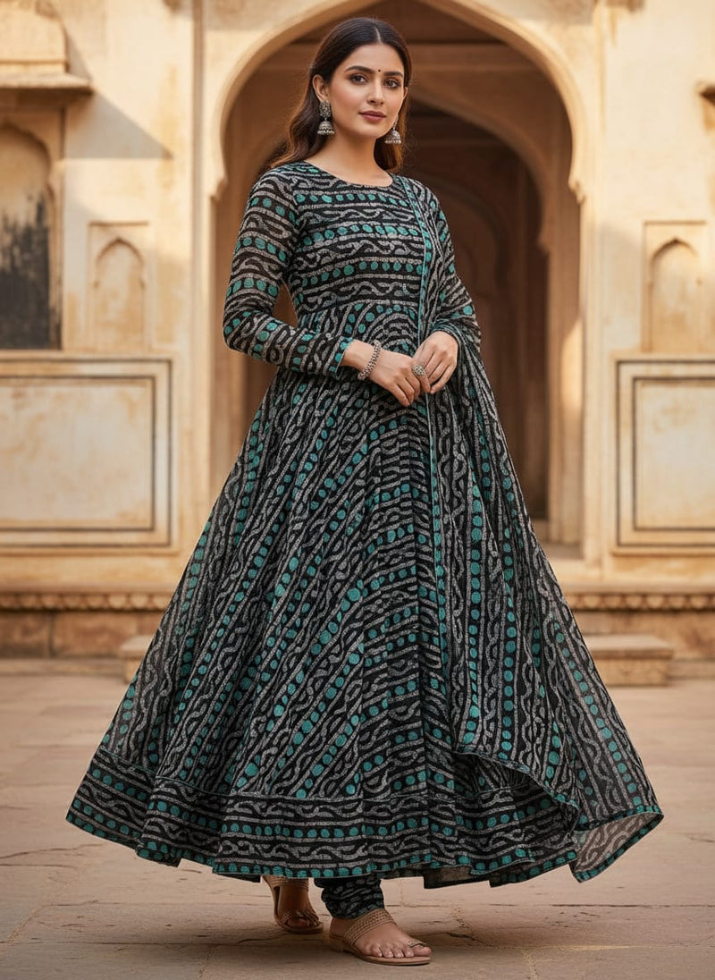 Black Ethnic Dot and Wave Pattern Pure Chinon Digital Printed Fabric
