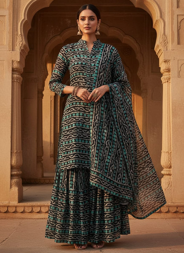 Black Ethnic Dot and Wave Pattern Pure Chinon Digital Printed Fabric - Sharara Set Lookbook - PC-0-MA0716-106 - alternate view