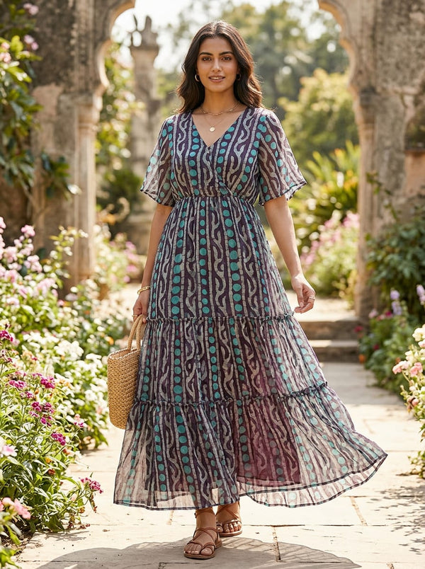 Teal Ethnic Batik Style Dot and Wave Pure Chiffon Digital Printed Fabric - Flowy Maxi Dress Lookbook - PCH-0-MA0716-96 - alternate view