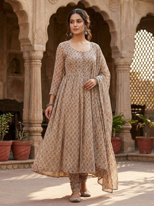 Cream Small Ethnic Floral Motif Pure Georgette Digital Printed Fabric - Anarkali Kurta Set Lookbook - PG-0-MA0777-110 - alternate view