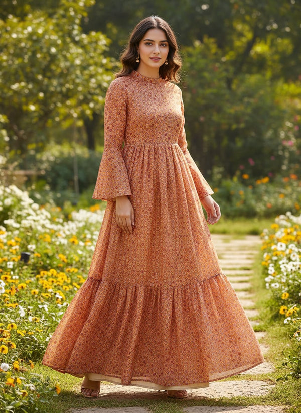 Orange Geometric Hexagonal Tile Print Pure Chinon Digital Printed Fabric - Flowy Maxi Dress Lookbook - PC-0-MA0827-106 - alternate view