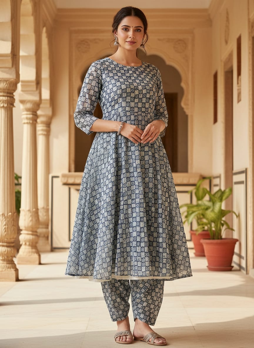 Navy Ethnic Swirl Check Kora Silk Digital Printed Fabric