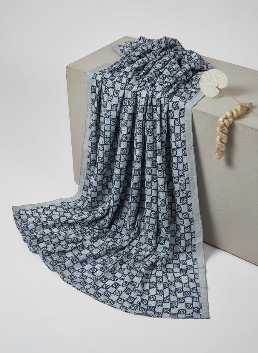Navy Ethnic Swirl Check Kora Silk Digital Printed Fabric