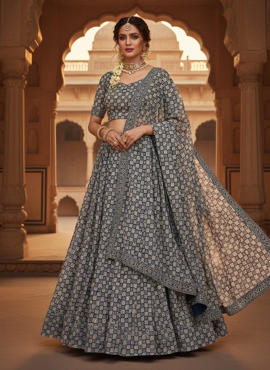 Navy Ethnic Swirl Check Kora Silk Digital Printed Fabric
