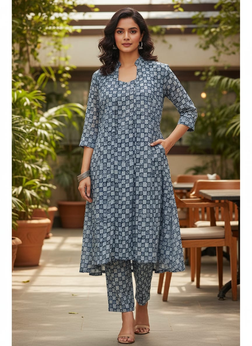Navy Ethnic Swirl Check Kora Silk Digital Printed Fabric