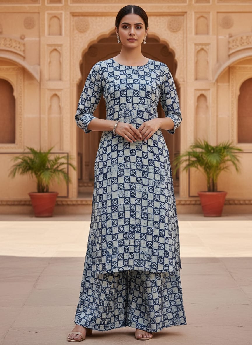 Classic Round With Checks Digital Printed Fabric - Rayon