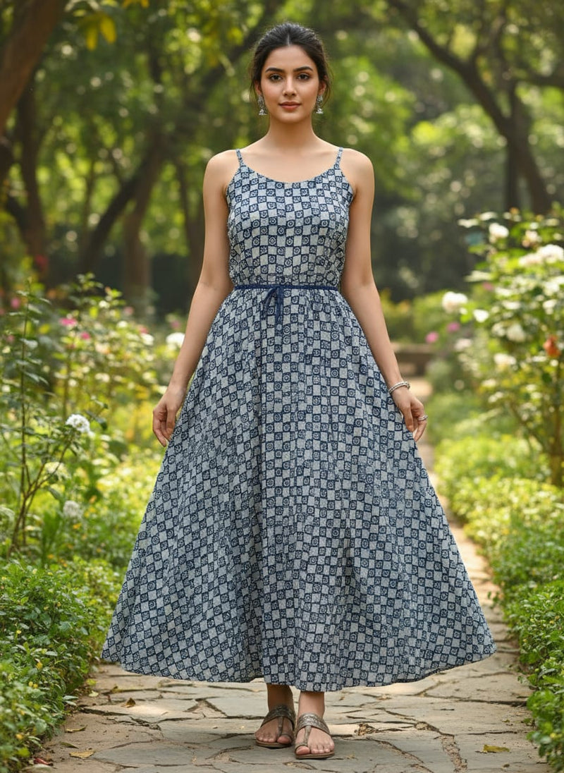 Navy Ethnic Spiral Checkered Pattern Rayon Digital Printed Fabric