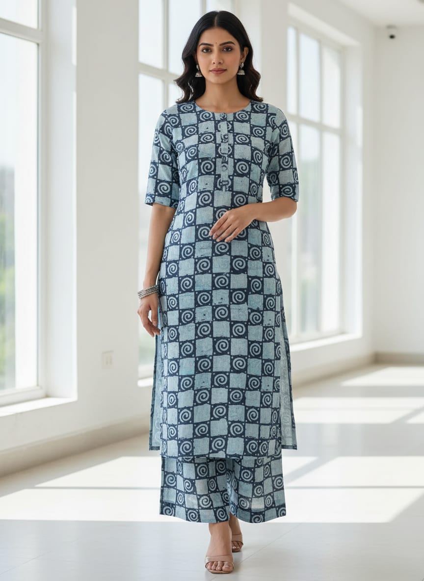 Navy Ethnic Spiral Checkered Pure Cotton Digital Printed Fabric