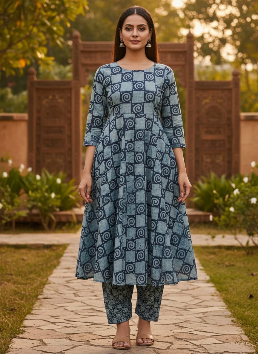 Classic Round With Checks Digital Printed Fabric - Cotton