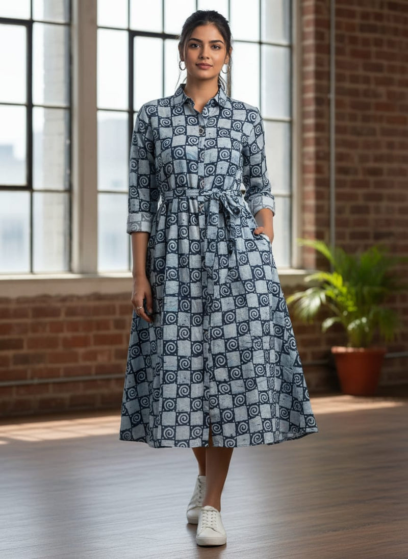 Navy Ethnic Spiral Checkered Pure Cotton Digital Printed Fabric