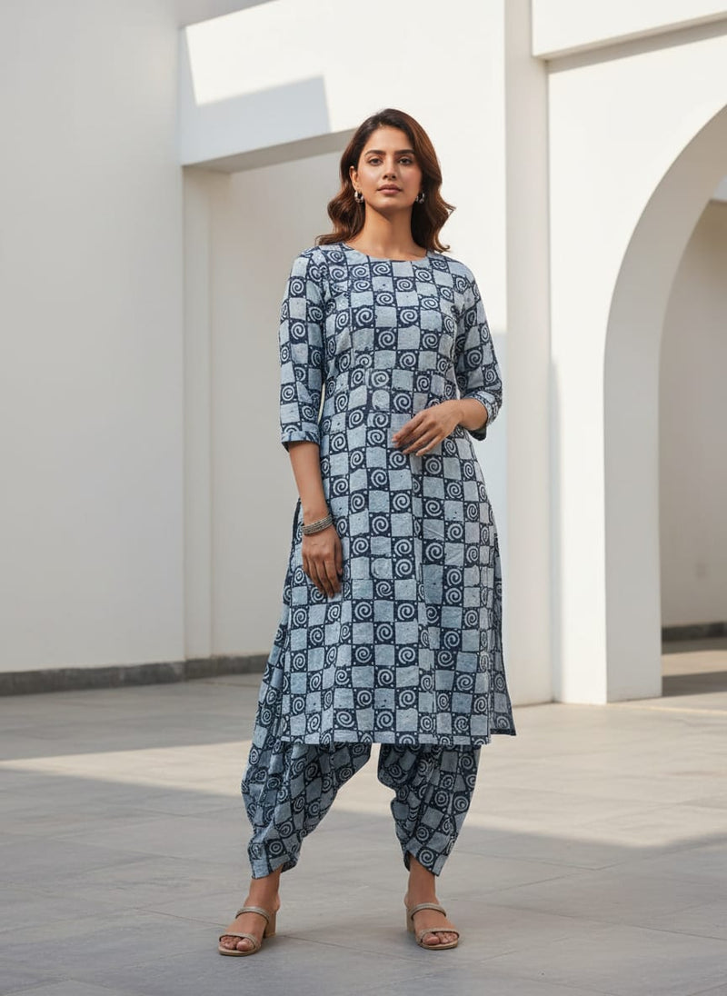 Navy Ethnic Spiral Checkered Pure Cotton Digital Printed Fabric