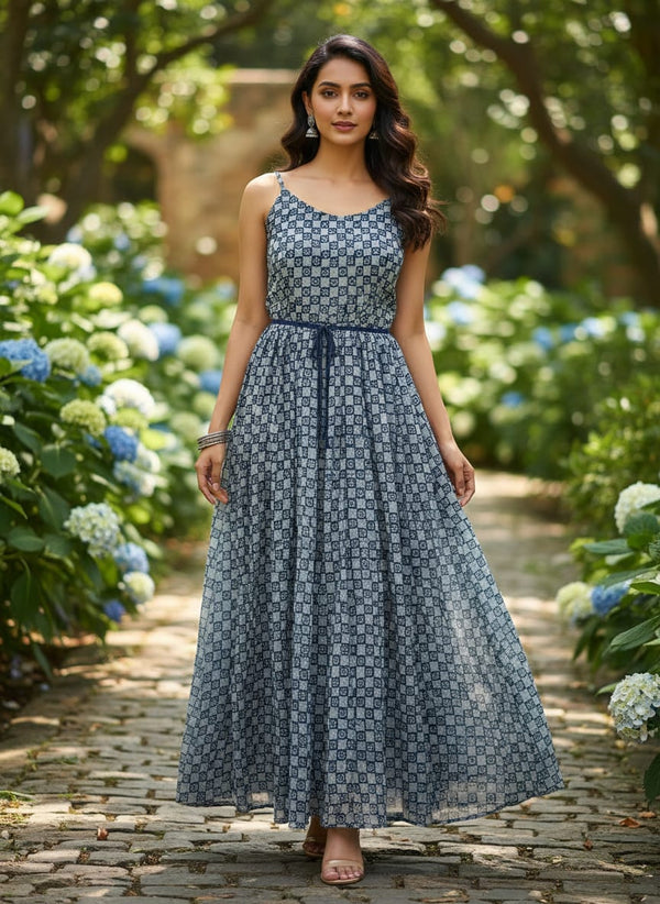 Navy Ethnic Spiral Checkered Pattern Pure Chinon Digital Printed Fabric - Flowy Maxi Dress Lookbook - PC-0-MA0846-106 - alternate view