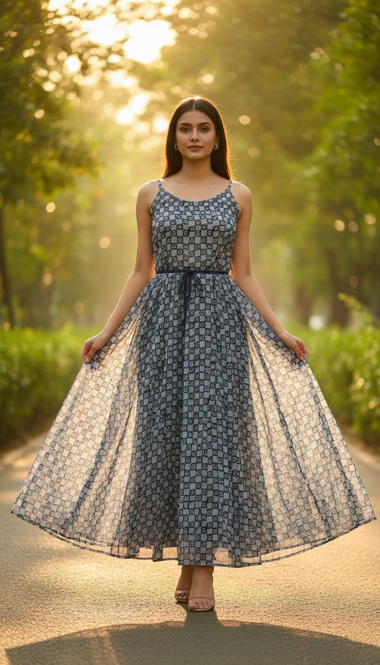 Classic Round With Checks Digital Printed Fabric - Pure Chiffon