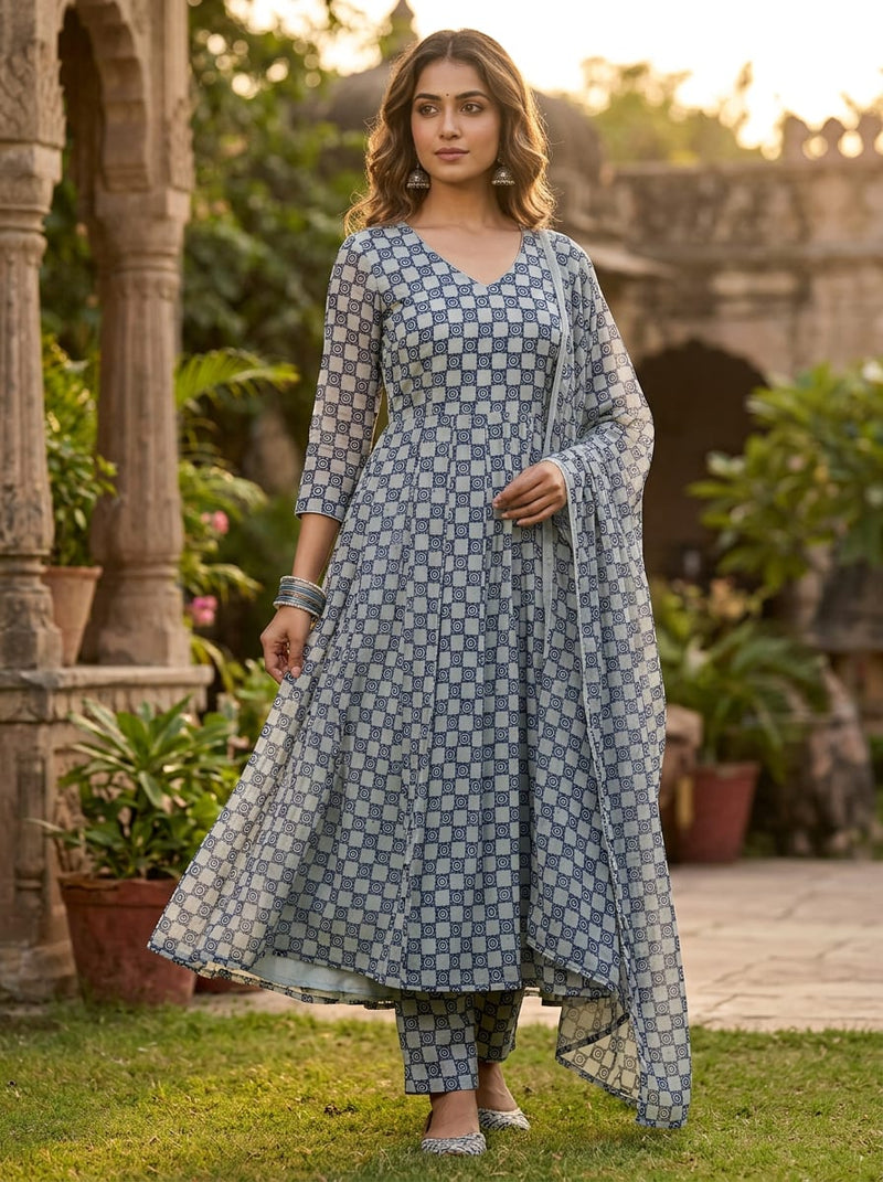 Navy Ethnic Spiral Checkered Pure Chiffon Digital Printed Fabric