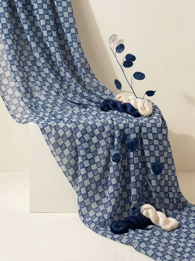 Navy Ethnic Spiral Checkered Pure Chiffon Digital Printed Fabric