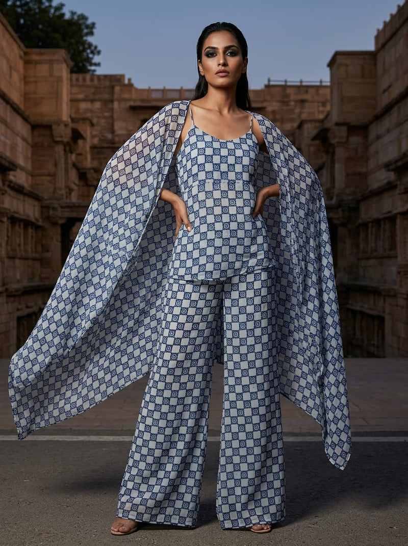 Navy Ethnic Spiral Checkered Pure Chiffon Digital Printed Fabric