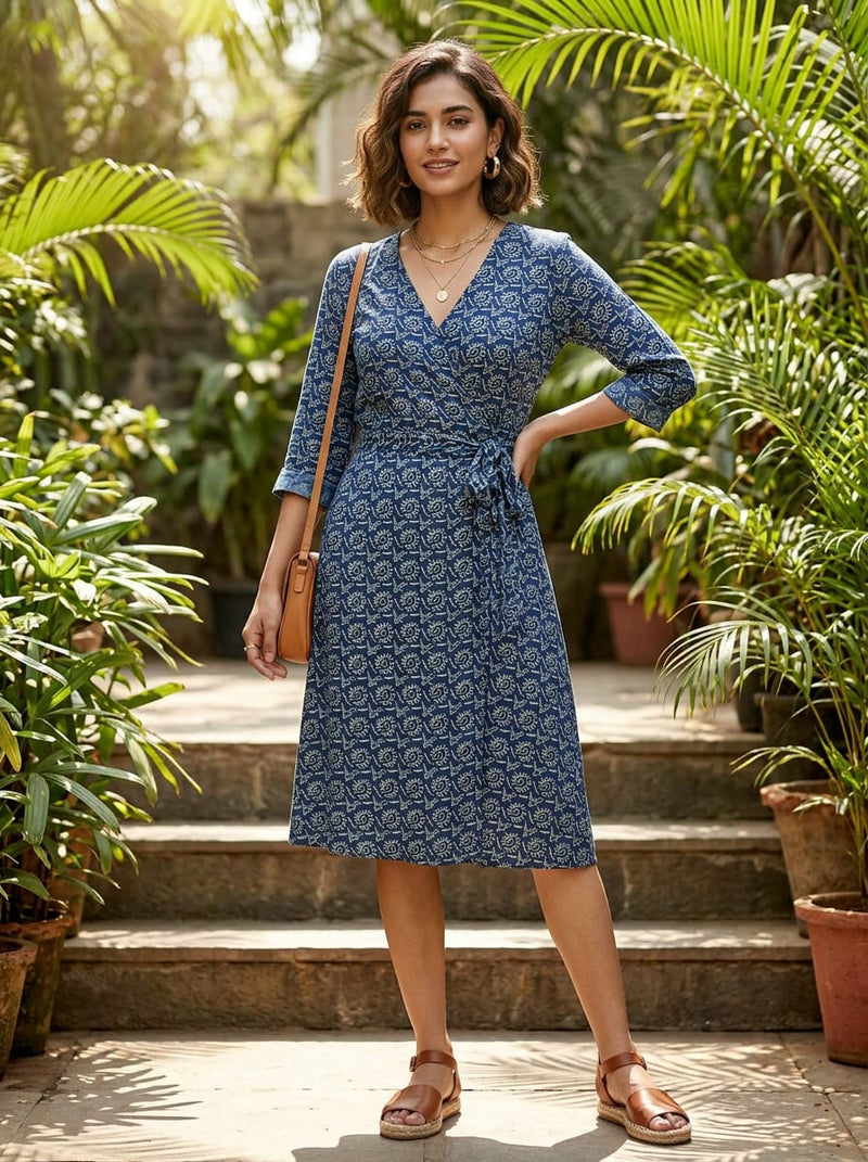 Navy Ethnic Sun Motif Rayon Digital Printed Fabric