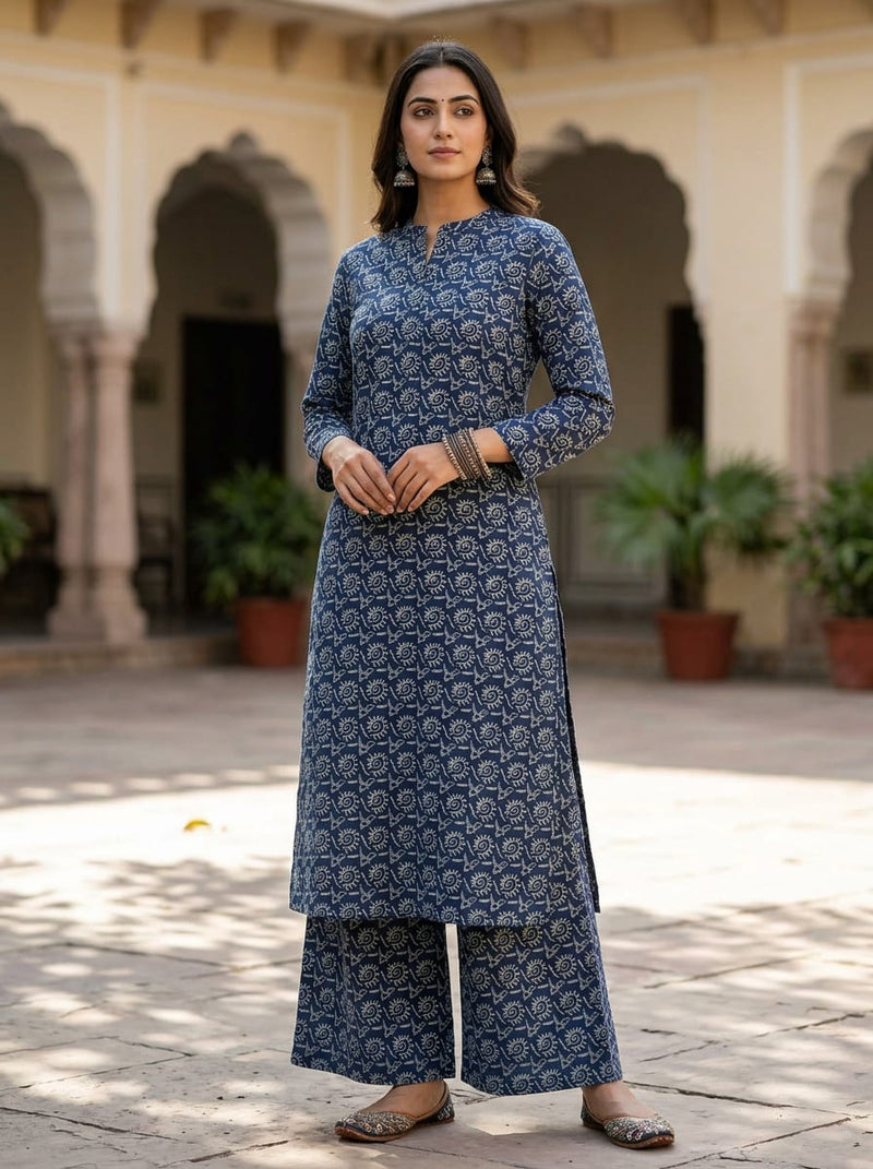 Navy Ethnic Sun Motif Pure Cotton Digital Printed Fabric