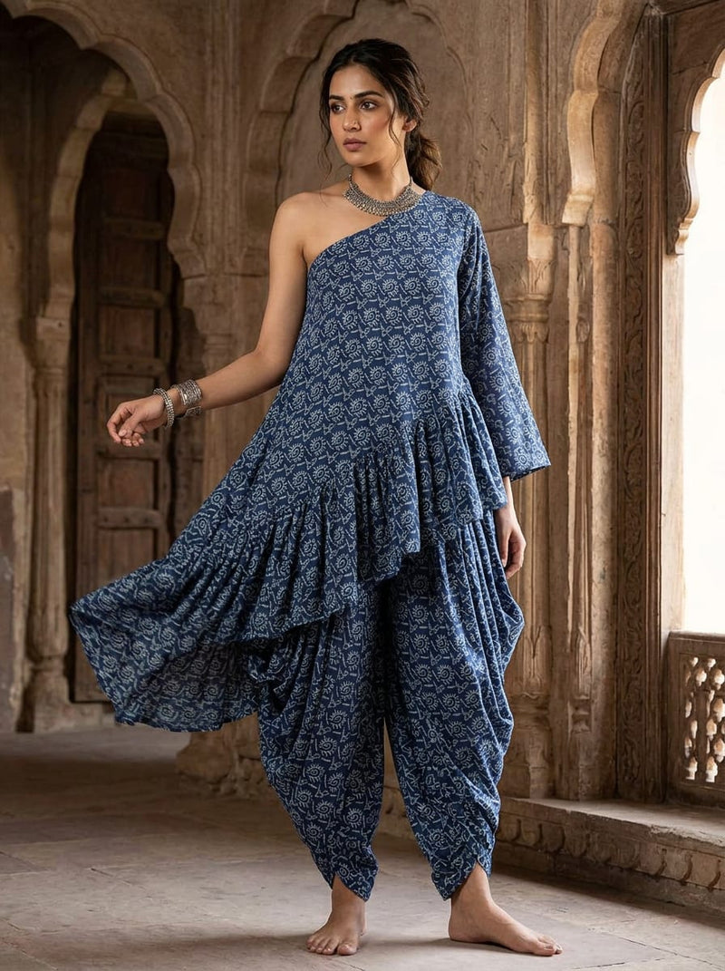Navy Ethnic Sun Motif Pure Cotton Digital Printed Fabric