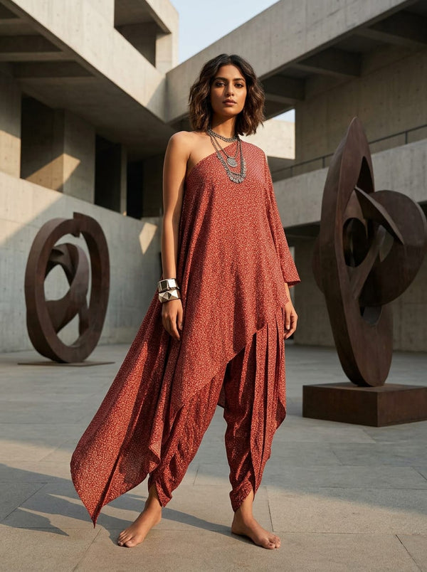 Red and Cream Ethnic Geometric Pattern Rayon Digital Printed Fabric - Asymmetric Tunic with Dhoti Pants Lookbook - RA-0-MA0942-110 - alternate view