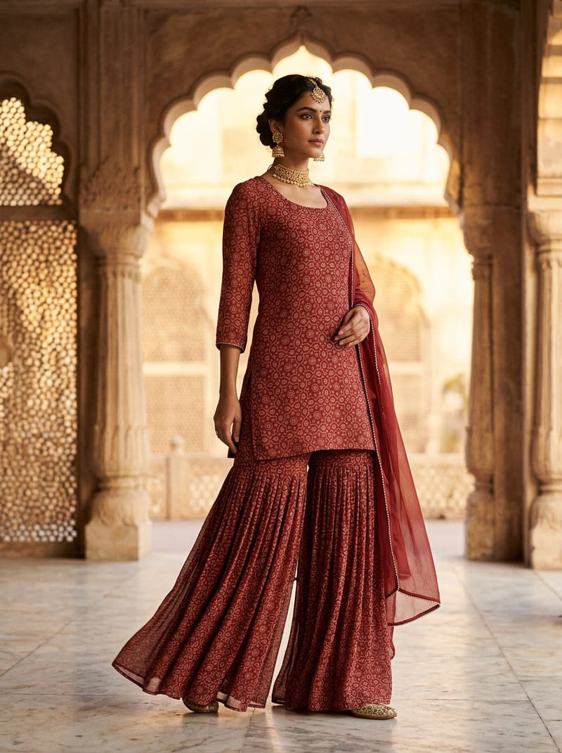 Maroon Ethnic Geometric Jaal Pattern Pure Georgette Digital Printed Fabric