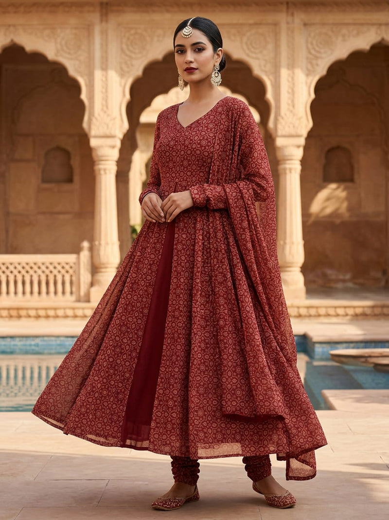 Maroon Ethnic Geometric Jaal Pattern Pure Georgette Digital Printed Fabric