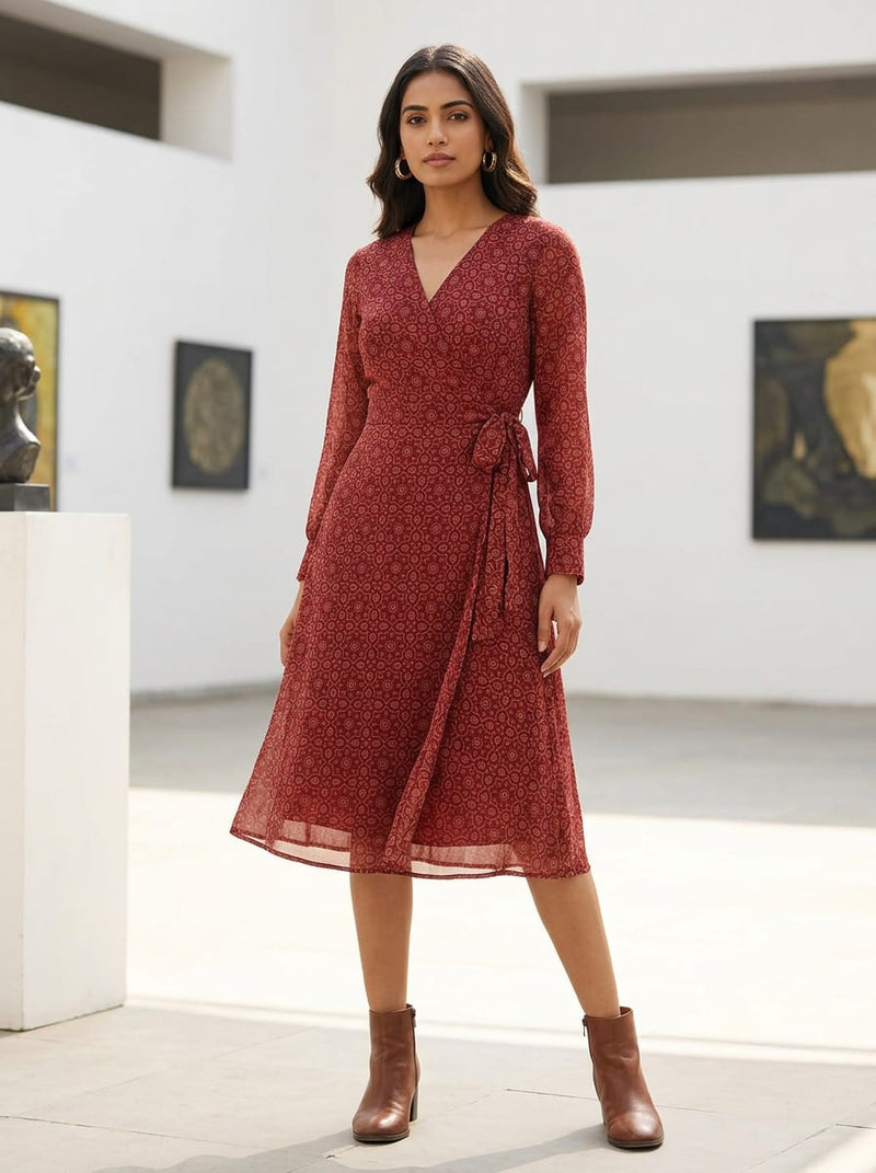 Maroon Ethnic Geometric Jaal Pattern Pure Georgette Digital Printed Fabric