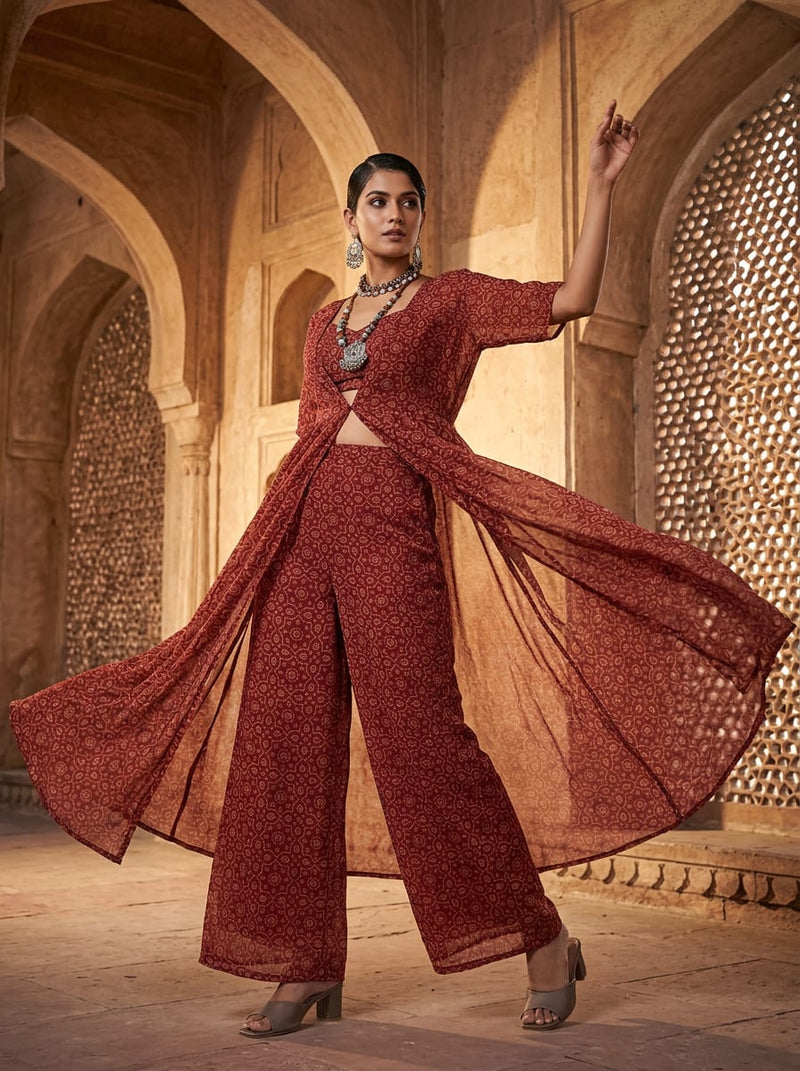 Maroon Ethnic Geometric Jaal Pattern Pure Georgette Digital Printed Fabric