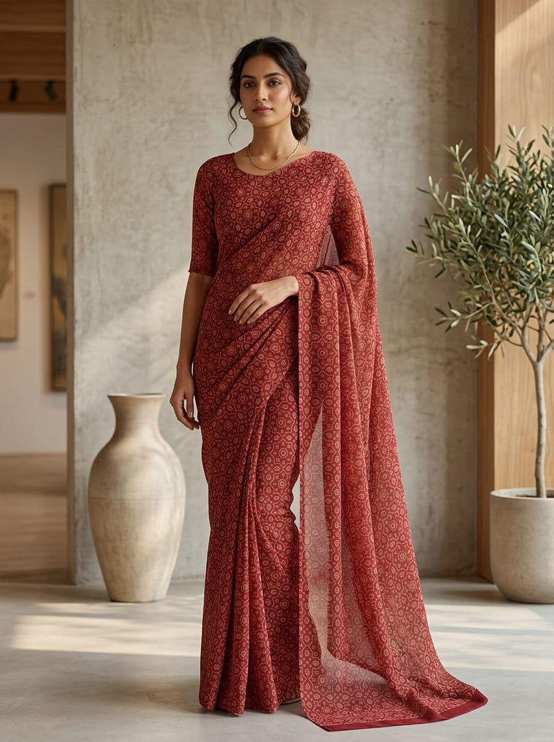 Maroon Ethnic Geometric Jaal Pattern Pure Georgette Digital Printed Fabric