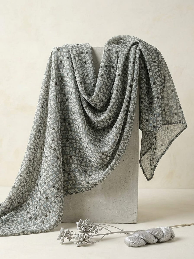 Grey Stylized Floral Vine Pattern Pure Georgette Digital Printed Fabric