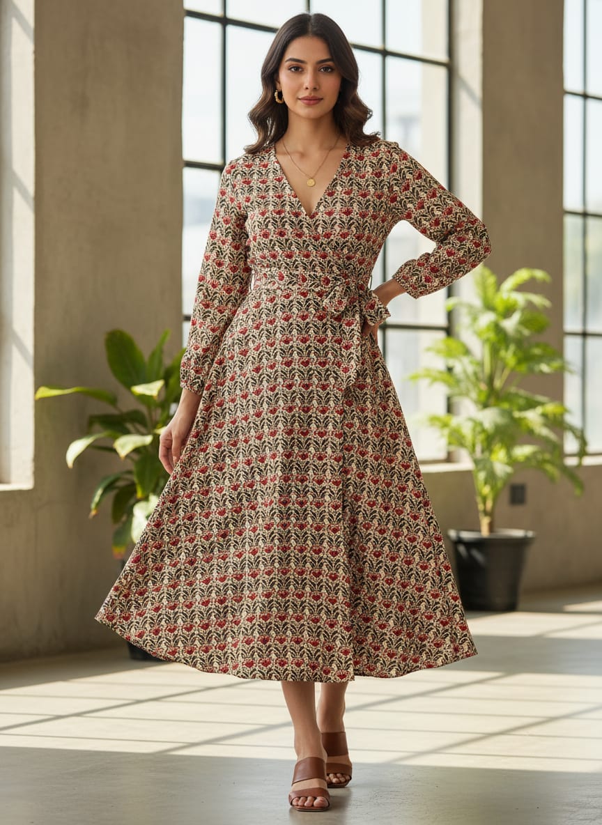 Red and Cream Ethnic Floral Jaal Rayon Digital Printed Fabric