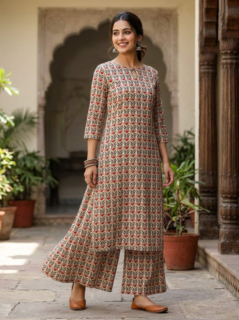 Red and Cream Ethnic Floral Jaal Rayon Digital Printed Fabric